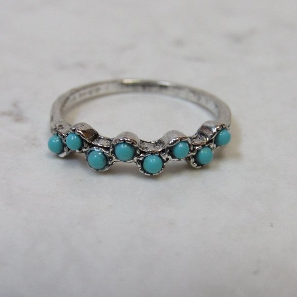 Turquoise Lined Silver Tone Ring Size 9 - Picture 1 of 7
